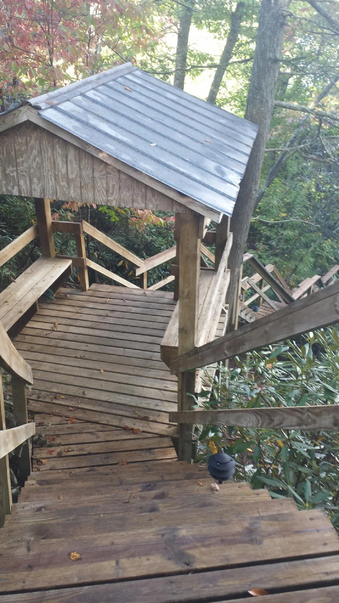 Metal roofed shelter over wooden steps on a wooded walkway — Skylight Repair & Installation work by our crew in Ellenboro
